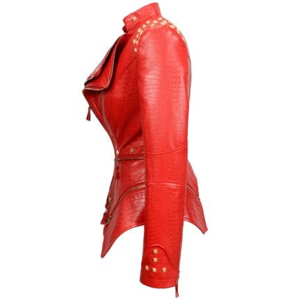 Women’s Red Faux Alligator PU Leather Jacket Punk Studded Biker Moto Coat with Rivet Lapel & Slim Fit Outwear - Image 3
