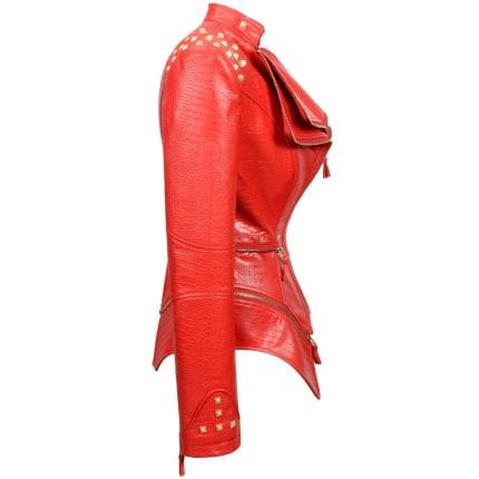 Women’s Red Faux Alligator PU Leather Jacket Punk Studded Biker Moto Coat with Rivet Lapel & Slim Fit Outwear - Image 2