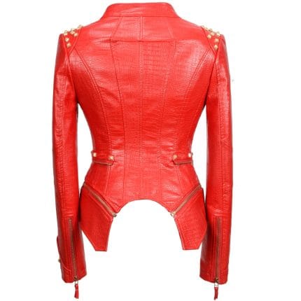 Women’s Red Faux Alligator PU Leather Jacket Punk Studded Biker Moto Coat with Rivet Lapel & Slim Fit Outwear - Image 4