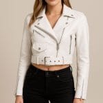 Women’s White Cropped Faux Leather Biker Jacket Moto Style Short Coat with Zipper Closure, Buckle Straps & Side Pockets Trendy Casual, Party & Streetwear Outerwear