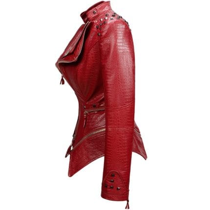 Women’s Wine Red Faux Alligator PU Leather Jacket Studded Punk Moto Biker Coat with Rivet Lapel & Slim Fit Outwear - Image 3