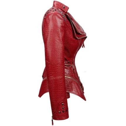 Women’s Wine Red Faux Alligator PU Leather Jacket Studded Punk Moto Biker Coat with Rivet Lapel & Slim Fit Outwear - Image 2