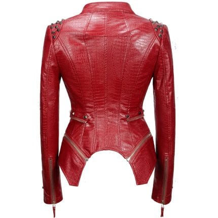 Women’s Wine Red Faux Alligator PU Leather Jacket Studded Punk Moto Biker Coat with Rivet Lapel & Slim Fit Outwear - Image 4