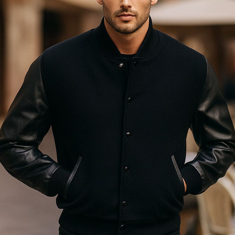 qq Men’s Black Varsity Jacket Wool Body with Faux Leather Sleeves | All Black Letterman College Jacket | Stylish Winter Streetwear Outerwear with Multiple Pockets - Image 1