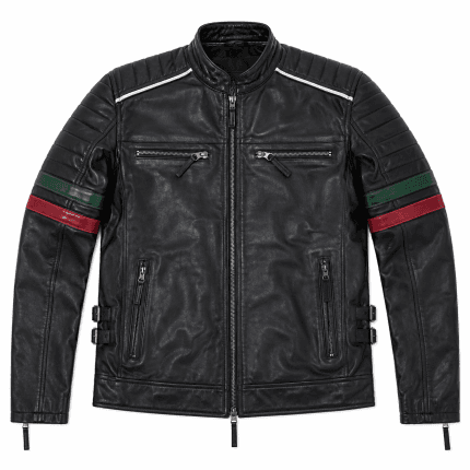 Men's Black Genuine Leather Biker Jacket Slim Fit Moto Racing Style with Quilted Shoulders Green & Red Stripe Sleeves - Image 2