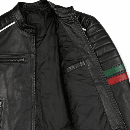 Men's Black Genuine Leather Biker Jacket Slim Fit Moto Racing Style with Quilted Shoulders Green & Red Stripe Sleeves - Image 3