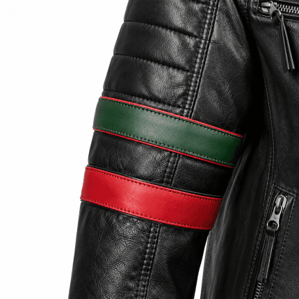 Men's Black Genuine Leather Biker Jacket Slim Fit Moto Racing Style with Quilted Shoulders Green & Red Stripe Sleeves - Image 6