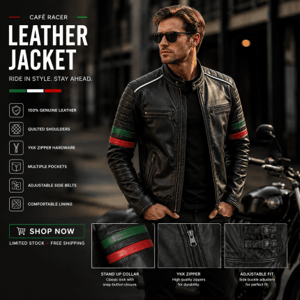 Men's Black Genuine Leather Biker Jacket Slim Fit Moto Racing Style with Quilted Shoulders Green & Red Stripe Sleeves - Image 4
