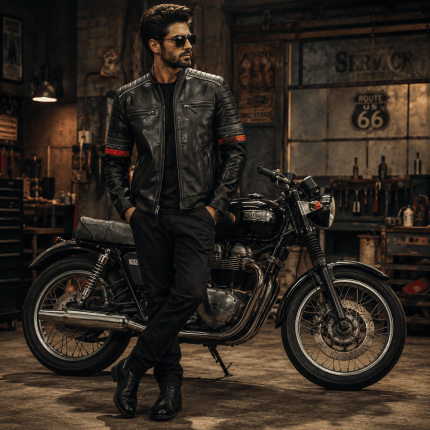 Men's Black Genuine Leather Biker Jacket Slim Fit Moto Racing Style with Quilted Shoulders Green & Red Stripe Sleeves - Image 5