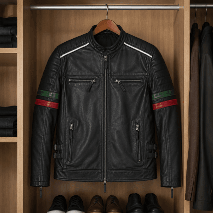 Men's Black Genuine Leather Biker Jacket Slim Fit Moto Racing Style with Quilted Shoulders Green & Red Stripe Sleeves - Image 7