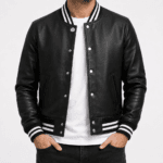 Men’s Black Leather Varsity Jacket – Classic Baseball Bomber Jacket with Ribbed Collar, Cuffs & Casual Streetwear Style