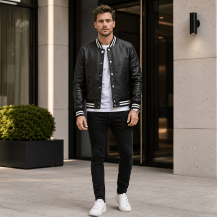 Men’s Black Leather Varsity Jacket – Classic Baseball Bomber Jacket with Ribbed Collar, Cuffs & Casual Streetwear Style - Image 6