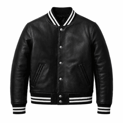 Men’s Black Leather Varsity Jacket – Classic Baseball Bomber Jacket with Ribbed Collar, Cuffs & Casual Streetwear Style - Image 3
