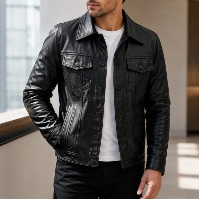 Men’s Real Leather Jacket Premium Black Slim Fit Leather Trucker Jacket | Biker Outerwear | Genuine Leather Motorcycle Jacket for Men - Image 2