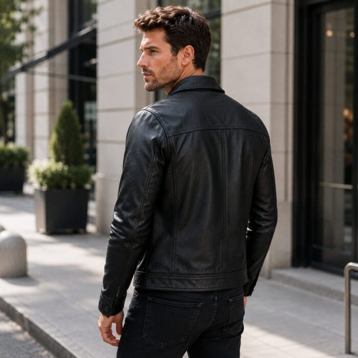 Men’s Real Leather Jacket Premium Black Slim Fit Leather Trucker Jacket | Biker Outerwear | Genuine Leather Motorcycle Jacket for Men - Image 8