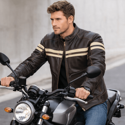 Men's Cafe Racer Brown Leather Jacket Retro Biker with White PU Coating Stripes - Image 8