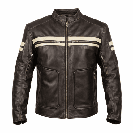 Men's Cafe Racer Brown Leather Jacket Retro Biker with White PU Coating Stripes - Image 2