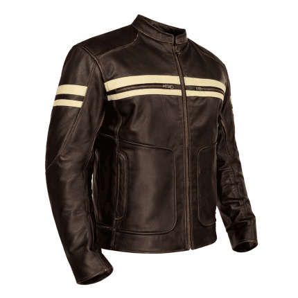 Men's Cafe Racer Brown Leather Jacket Retro Biker with White PU Coating Stripes - Image 3