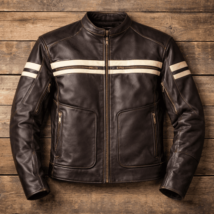 Men's Cafe Racer Brown Leather Jacket Retro Biker with White PU Coating Stripes - Image 5