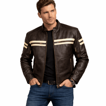 Men's Cafe Racer Brown Leather Jacket Retro Biker with White PU Coating Stripes - Image 10