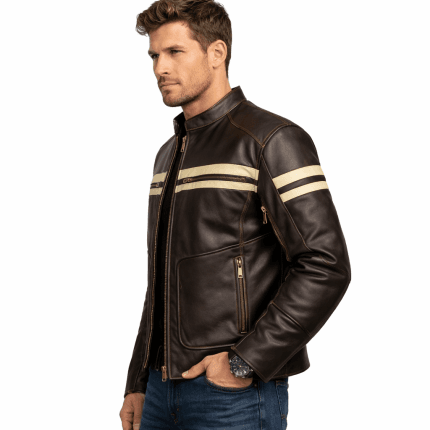 Men's Cafe Racer Brown Leather Jacket Retro Biker with White PU Coating Stripes - Image 11