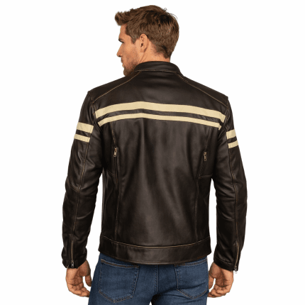 Men's Cafe Racer Brown Leather Jacket Retro Biker with White PU Coating Stripes - Image 12