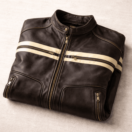 Men's Cafe Racer Brown Leather Jacket Retro Biker with White PU Coating Stripes - Image 7