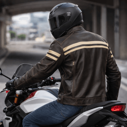 Men's Cafe Racer Brown Leather Jacket Retro Biker with White PU Coating Stripes - Image 9