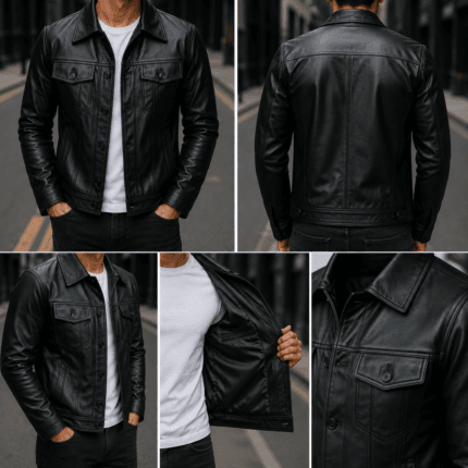 Men’s Real Leather Jacket Premium Black Slim Fit Leather Trucker Jacket | Biker Outerwear | Genuine Leather Motorcycle Jacket for Men - Image 9