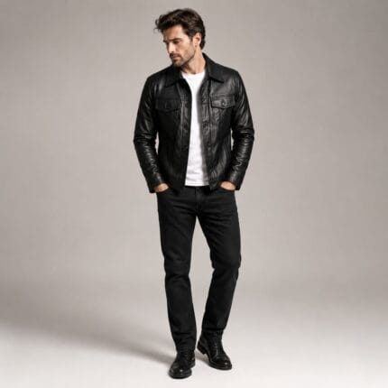 Men’s Real Leather Jacket Premium Black Slim Fit Leather Trucker Jacket | Biker Outerwear | Genuine Leather Motorcycle Jacket for Men - Image 7