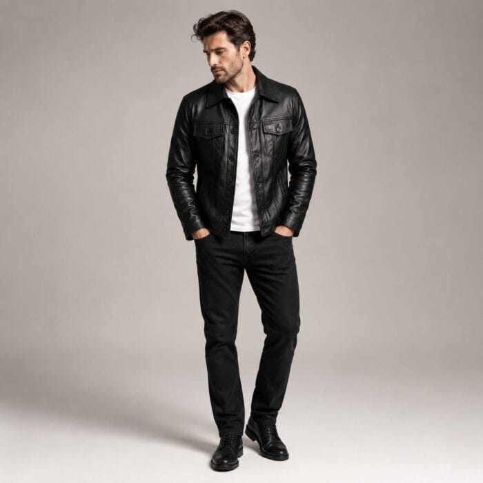 Men’s Real Leather Jacket Premium Black Slim Fit Leather Trucker Jacket | Biker Outerwear | Genuine Leather Motorcycle Jacket for Men - Image 7