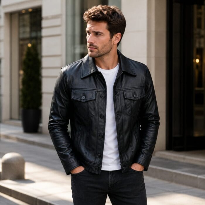Men’s Real Leather Jacket Premium Black Slim Fit Leather Trucker Jacket | Biker Outerwear | Genuine Leather Motorcycle Jacket for Men - Image 5