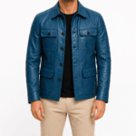 Men’s Stylish Blue Leather Jacket | Modern Slim Fit Outerwear with Premium Leather Finish | Trendy Casual & Semi-Formal Wear