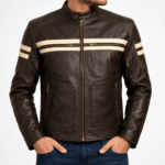 Men's Cafe Racer Brown Leather Jacket Retro Biker with White PU Coating Stripes