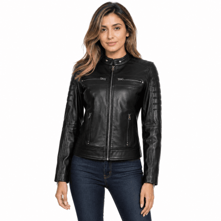 Women Leather Jacket Real Lambskin Black Biker Jacket, Stylish Cafe Racer Leather Jacket with Quilted Design & Zipper Pockets - Image 2