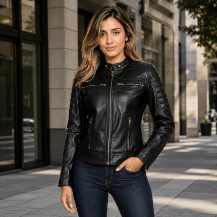 Women Leather Jacket Real Lambskin Black Biker Jacket, Stylish Cafe Racer Leather Jacket with Quilted Design & Zipper Pockets - Image 6
