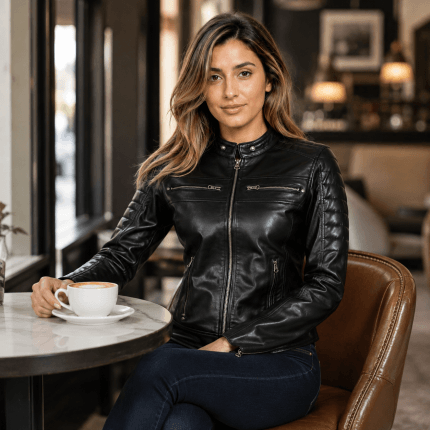 Women Leather Jacket Real Lambskin Black Biker Jacket, Stylish Cafe Racer Leather Jacket with Quilted Design & Zipper Pockets - Image 7