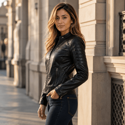 Women Leather Jacket Real Lambskin Black Biker Jacket, Stylish Cafe Racer Leather Jacket with Quilted Design & Zipper Pockets - Image 4