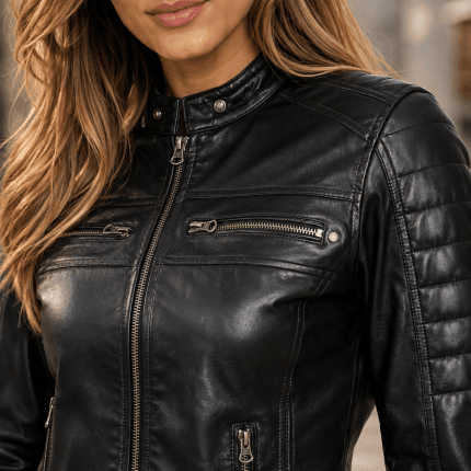 Women Leather Jacket Real Lambskin Black Biker Jacket, Stylish Cafe Racer Leather Jacket with Quilted Design & Zipper Pockets - Image 5