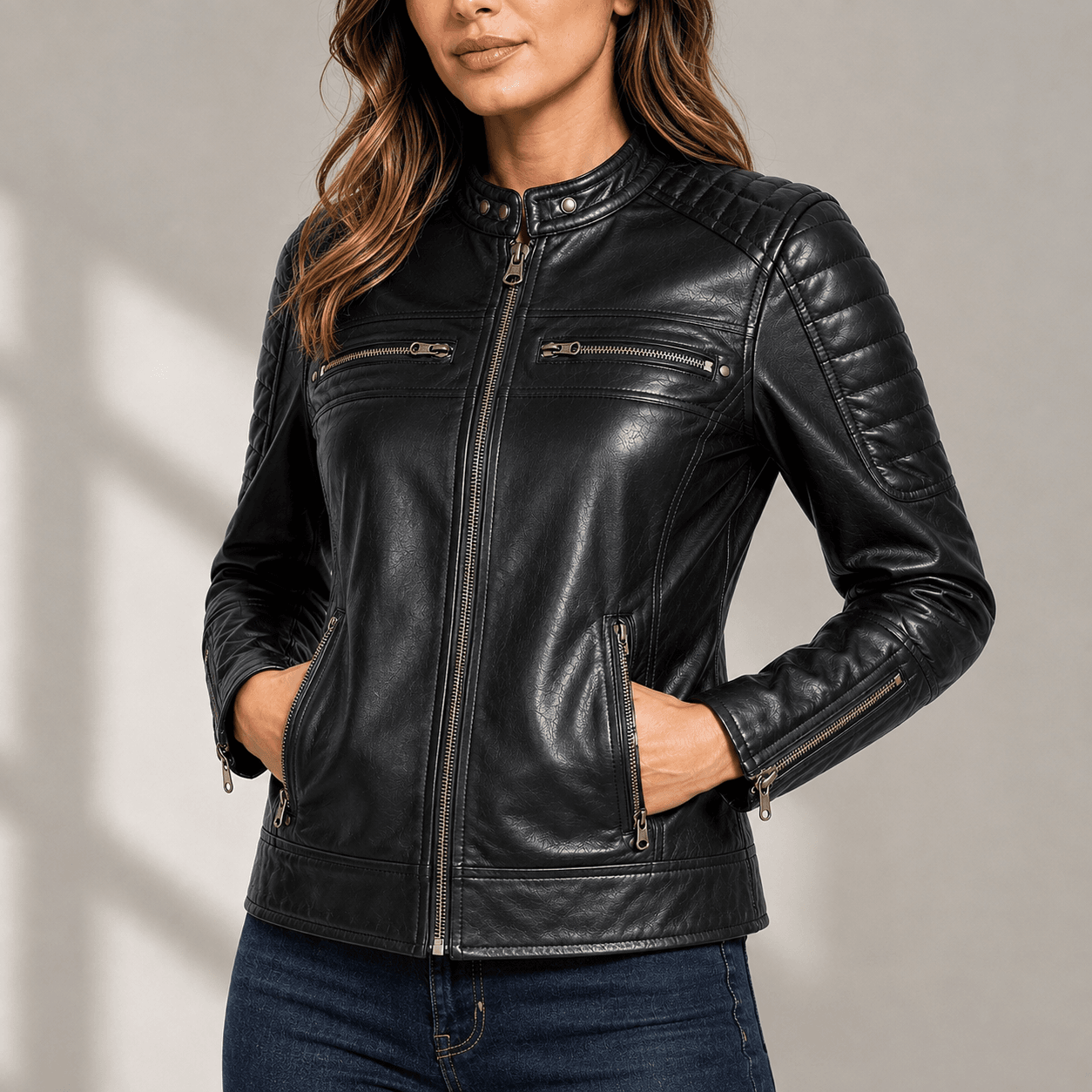 Women Leather Jacket Real Lambskin Black Women Leather Jacket Real Lambskin Black Biker Jacket, Stylish Cafe Racer Leather Jacket with Quilted Design & Zipper Pockets - Image 1