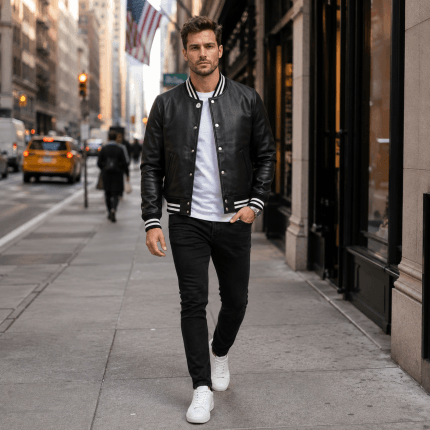 Men’s Black Leather Varsity Jacket – Classic Baseball Bomber Jacket with Ribbed Collar, Cuffs & Casual Streetwear Style - Image 8