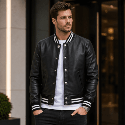 Men’s Black Leather Varsity Jacket – Classic Baseball Bomber Jacket with Ribbed Collar, Cuffs & Casual Streetwear Style - Image 2