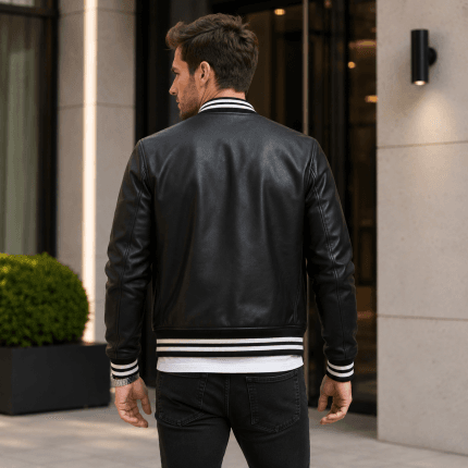 Men’s Black Leather Varsity Jacket – Classic Baseball Bomber Jacket with Ribbed Collar, Cuffs & Casual Streetwear Style - Image 9