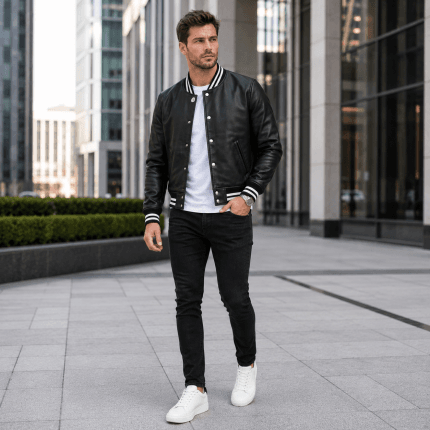 Men’s Black Leather Varsity Jacket – Classic Baseball Bomber Jacket with Ribbed Collar, Cuffs & Casual Streetwear Style - Image 5