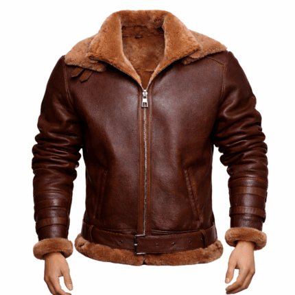 Brown Aviator Bomber Shearling Jacket – Classic Leather Flight Jacket with Shearling Collar, Cuffs & Adjustable Waist Belt for Men