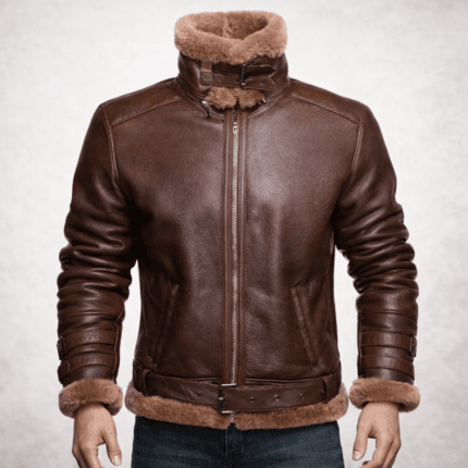 Brown Aviator Bomber Shearling Jacket – Classic Leather Flight Jacket with Shearling Collar, Cuffs & Adjustable Waist Belt for Men - Image 2