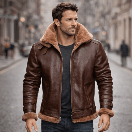 Brown Aviator Bomber Shearling Jacket – Classic Leather Flight Jacket with Shearling Collar, Cuffs & Adjustable Waist Belt for Men - Image 3