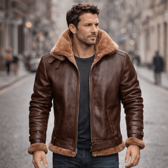 Brown Aviator Bomber Shearling Jacket – Classic Leather Flight Jacket with Shearling Collar, Cuffs & Adjustable Waist Belt for Men - Image 3