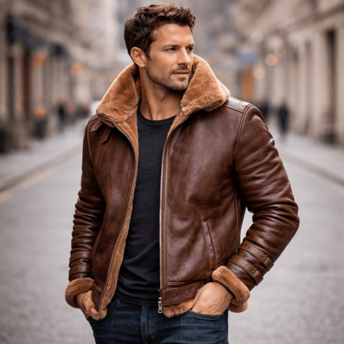 Brown Aviator Bomber Shearling Jacket – Classic Leather Flight Jacket with Shearling Collar, Cuffs & Adjustable Waist Belt for Men - Image 4
