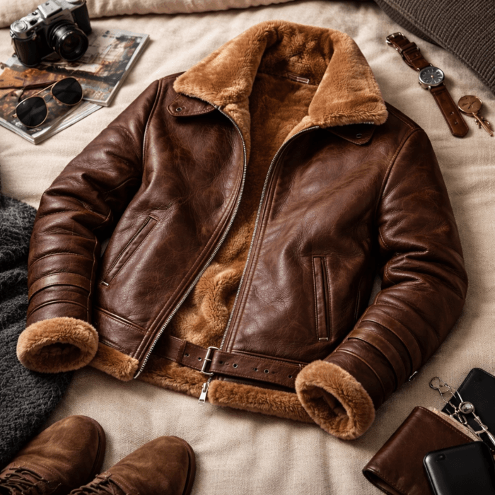 Brown Aviator Bomber Shearling Jacket – Classic Leather Flight Jacket with Shearling Collar, Cuffs & Adjustable Waist Belt for Men - Image 6